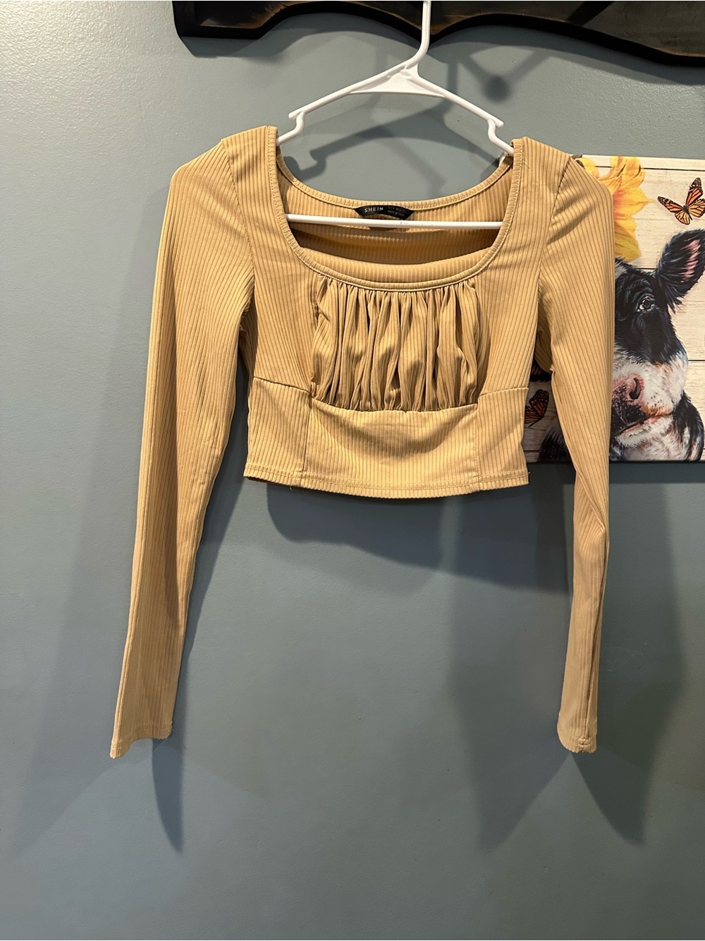 SHEIN Beige Ribbed Long-Sleeve Gathered Front Crop Top